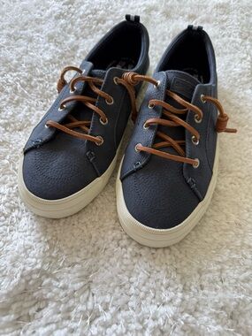 Sperry Navy Blue Leather Sneakers with Brown Laces